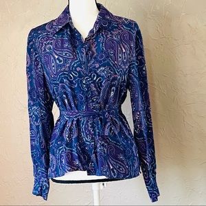 Color FX medium long sleeve blue/purple collared silk paisley blouse